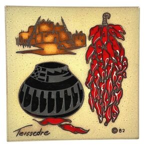 Vintage Southwest Ceramic Tile Trivet Pueblo Chili Ristra Cleo Teissedre '82 6x6